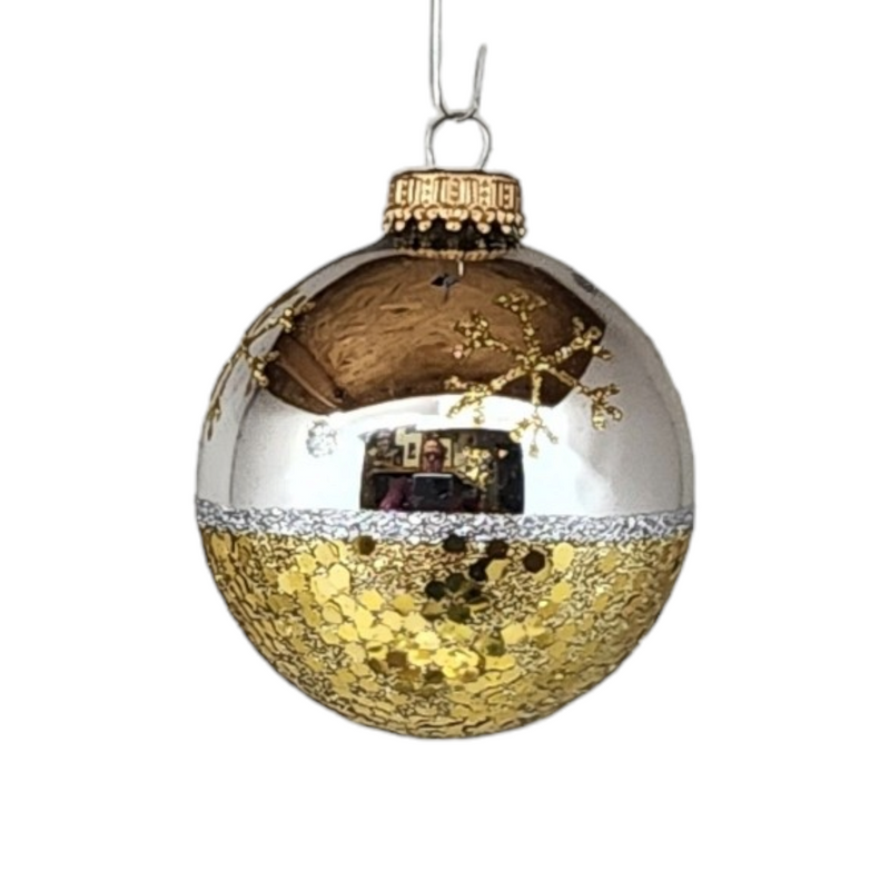 Krebs Value Glass Ball 4 pack - Gold Sequin Snowflake on Silver