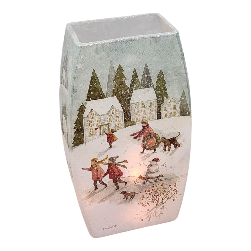 Lighted Glass Vase - Magical Winterland - Three Houses - 7¾ Inches tall