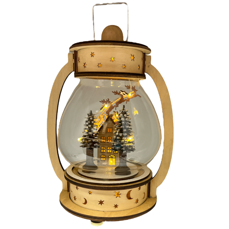 B/O Lighted Wind Up Musical Wood Glass Lantern - Santa Flying  Over House