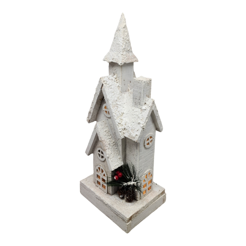 Lighted White Wood Church- 15.5 Inch