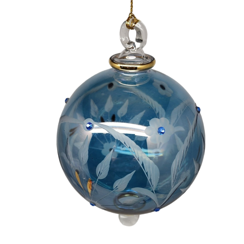 Etched Blown Glass Ball with Crystal Accents - Blue