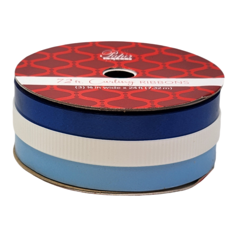 3/8 Inch Curling Ribbon - 3 Colors - 24 Feet Each - Blue/White