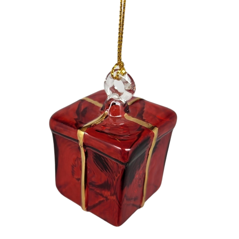 Blown Glass Present Ornament - Red