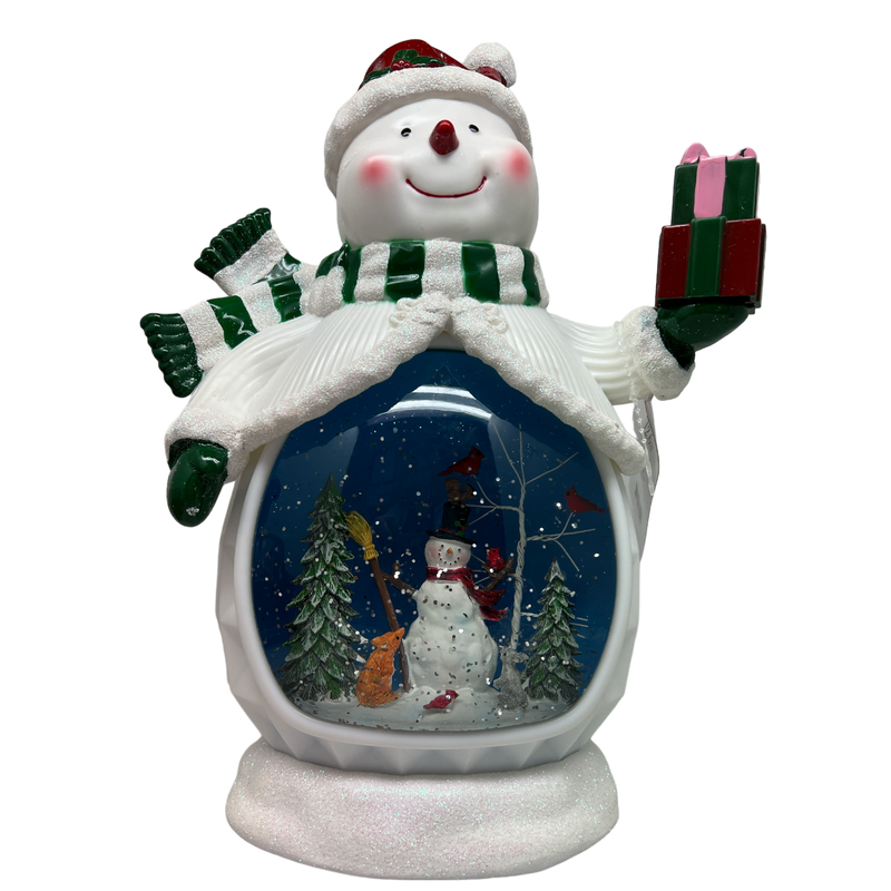 B/O Lighted Musical Spinning Water Globe Snowman with Holiday Scene White Coat