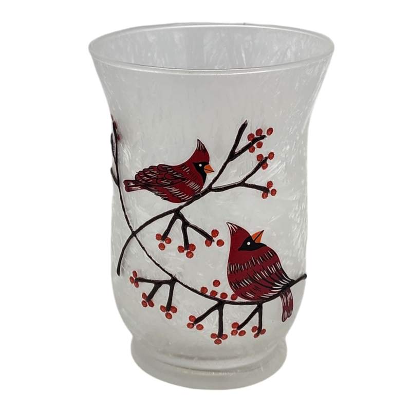 Frosted Glass Cardinal Design Hurricane Candle Holder