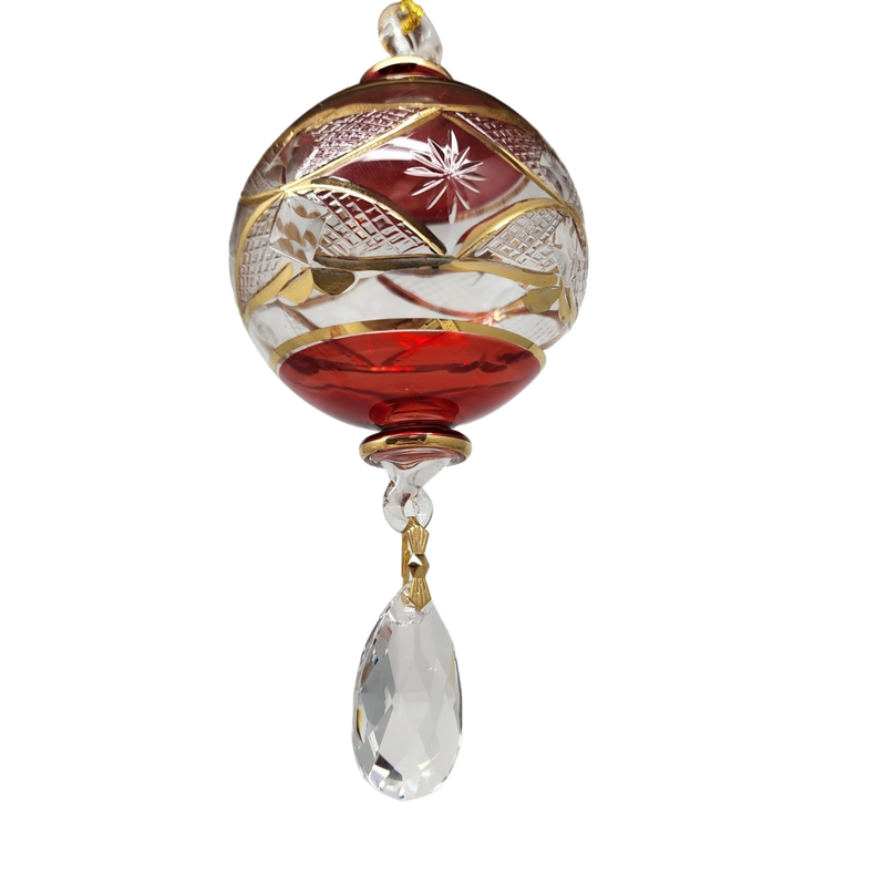 Etched Blown Glass Ball with Crystal Dangle - Red