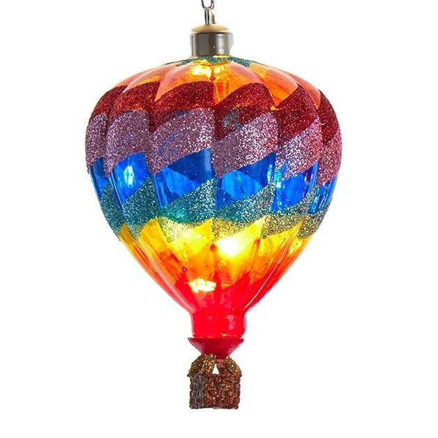 Glass USB powered LED Hot Air Balloon Ornament - Blue Zigzag