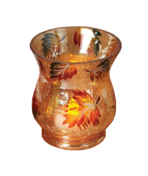 Hand Painted Crackle Glass Tealight Holder - Leaves