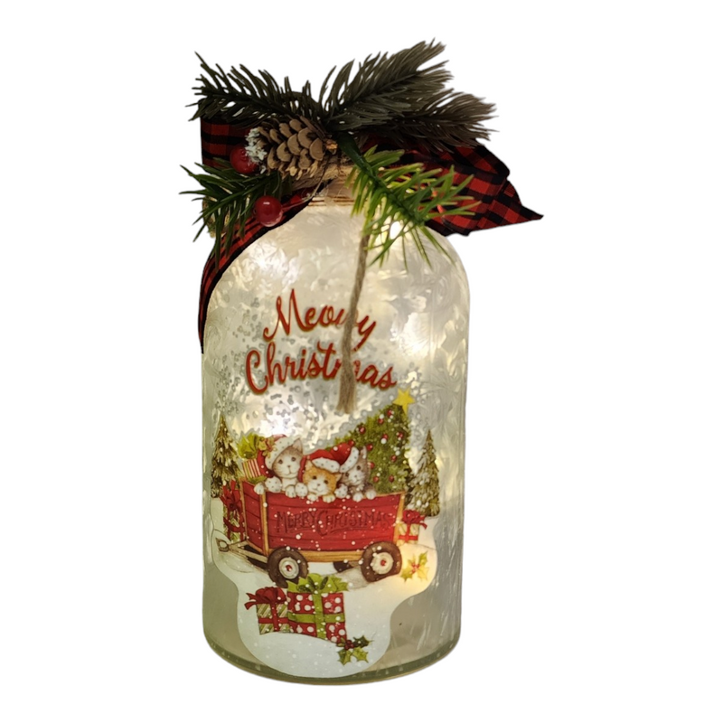 Lighted Glass Luminary - Meowy Christmas