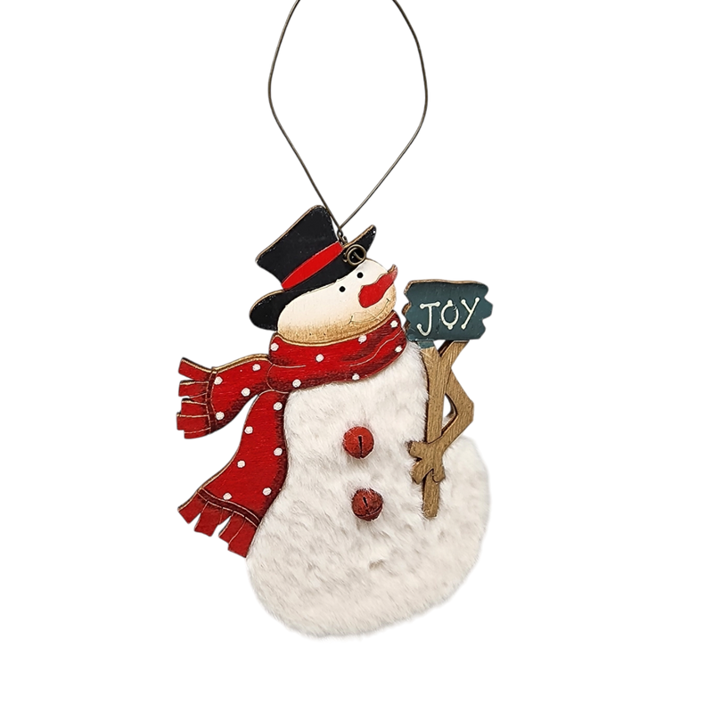 Wood and Fur Snowman Ornament - Joy Sign