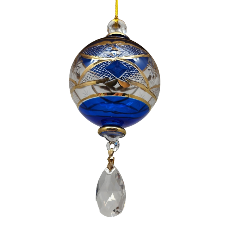 Etched Blown Glass Ball with Crystal Dangle - Blue