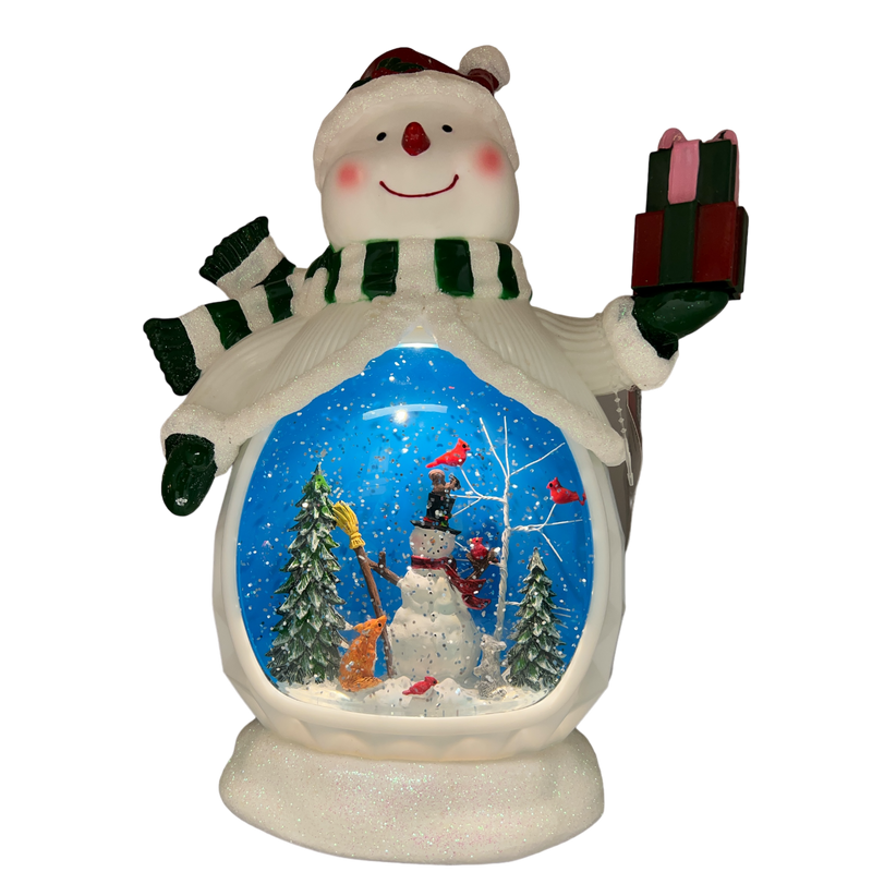 B/O Lighted Musical Spinning Water Globe Snowman with Holiday Scene White Coat