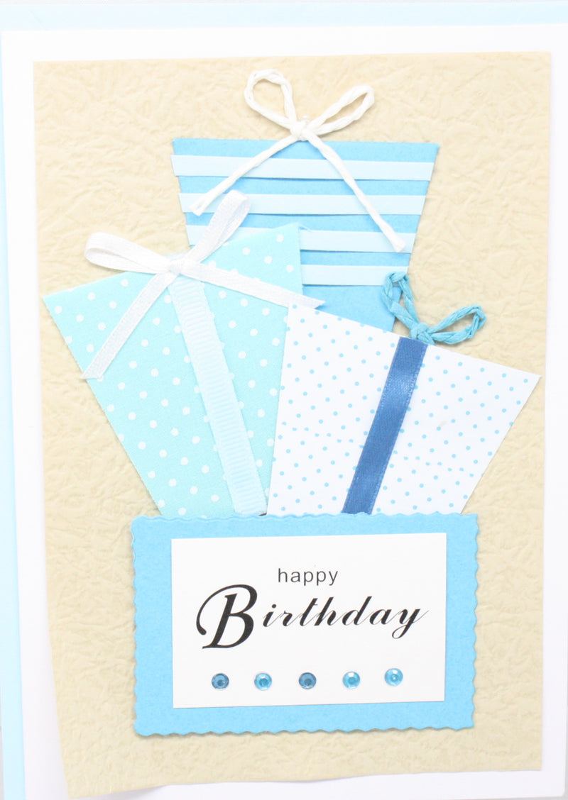 Handmade Embellished Birthday Celebration Card - Blue and White Presents