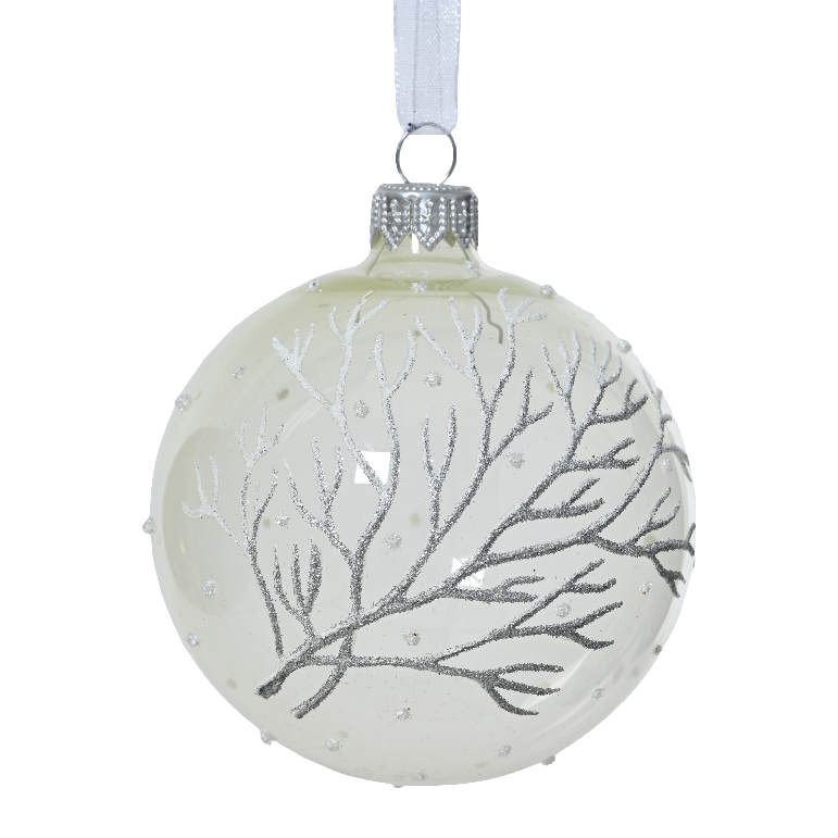 Enamel Branch Glass Ornament Set - 80mm - White Mint & Green