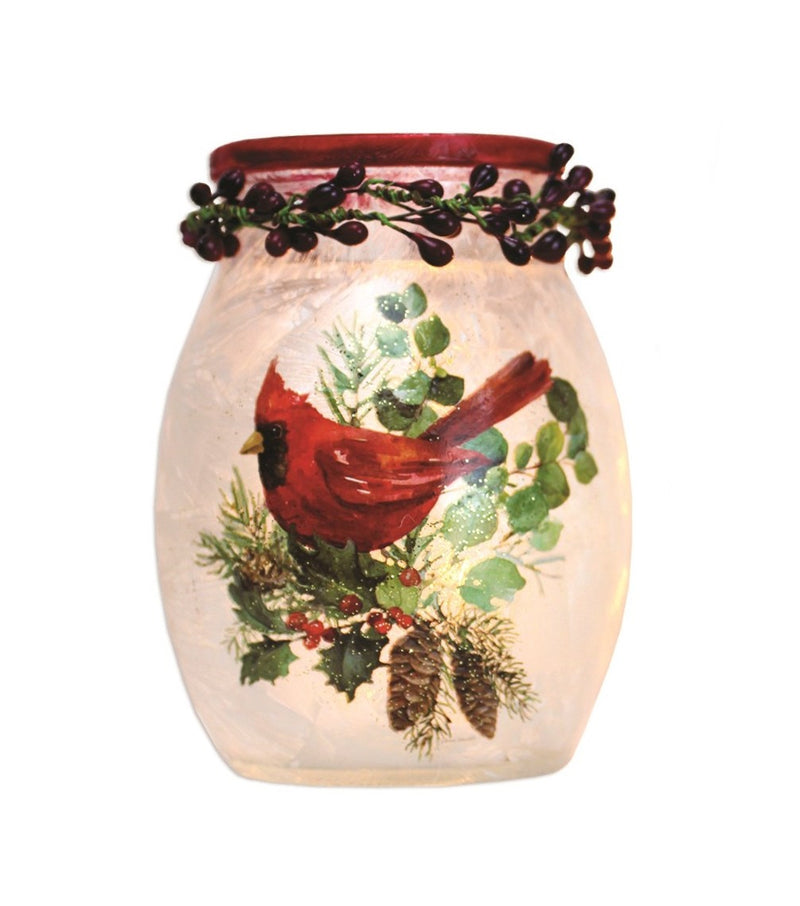 Prelit Glass Jar - Cardinal and Pine Bough - 4" tall - The Country Christmas Loft