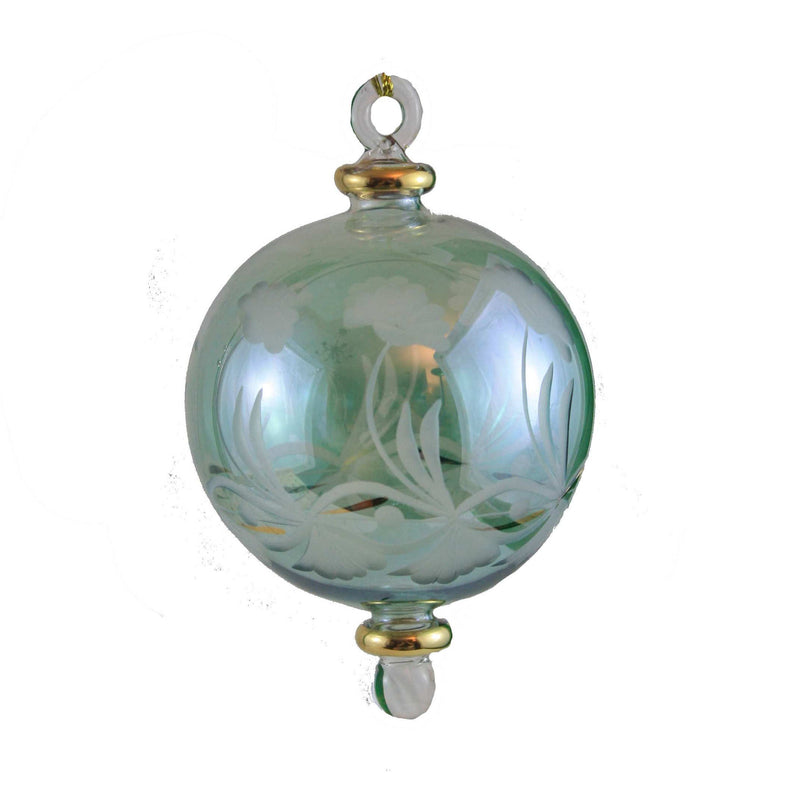 Etched Floral Glass Ornament With Gold Design - Green