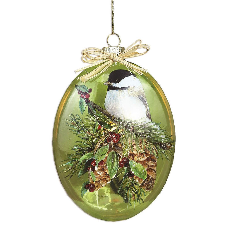 Glass "Lightable" Pine Bough & Chickadee Ornament