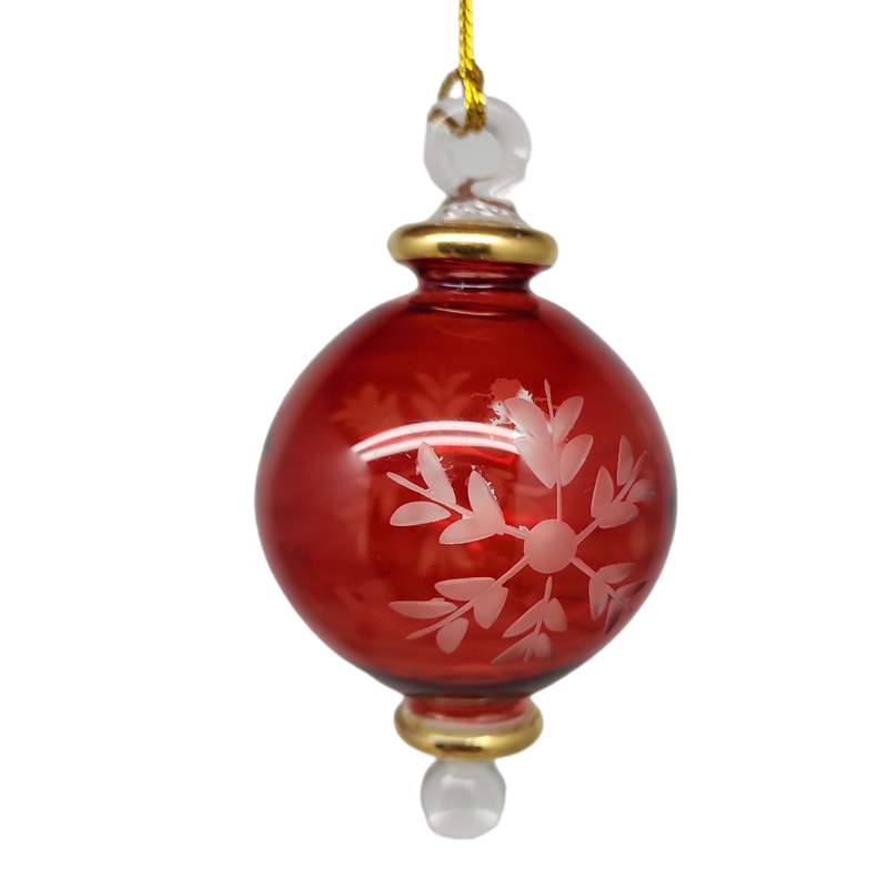 Small Sphere Glass With Snowflake Etching and Gold Accents - Christmas Red