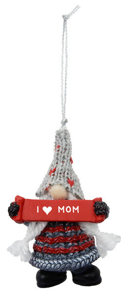 Gnome Holding Sign Ornament - I (Heart) Mom - The Country Christmas Loft