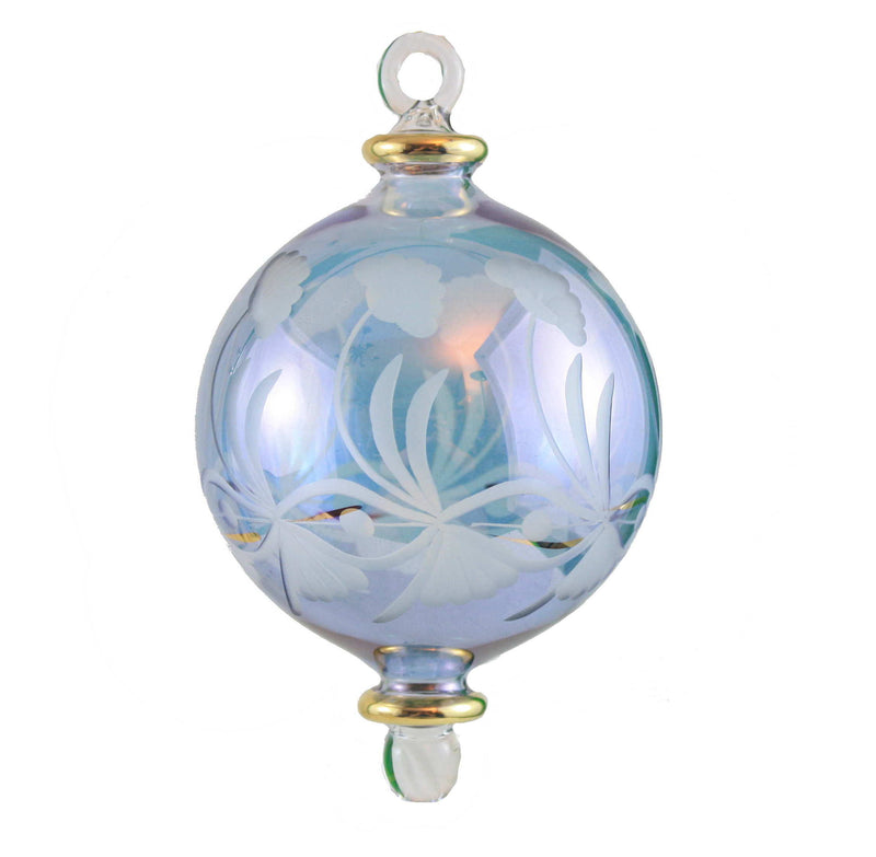 Etched Floral Glass Ornament With Gold Design - Blue