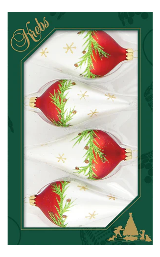 Krebs Glass Teardrop Ornament - Bi-Color Pine Garland - 4 Pack - The Country Christmas Loft