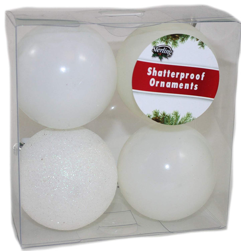 80mm Shatterproof Decorated Ball Ornaments 4 Pack - Off White