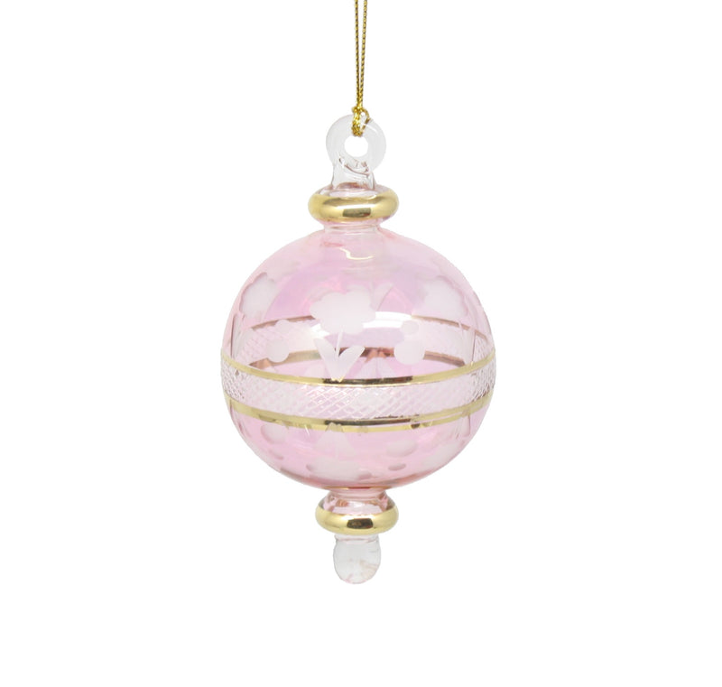 Floral Etching Glass Ball Ornament - Pink