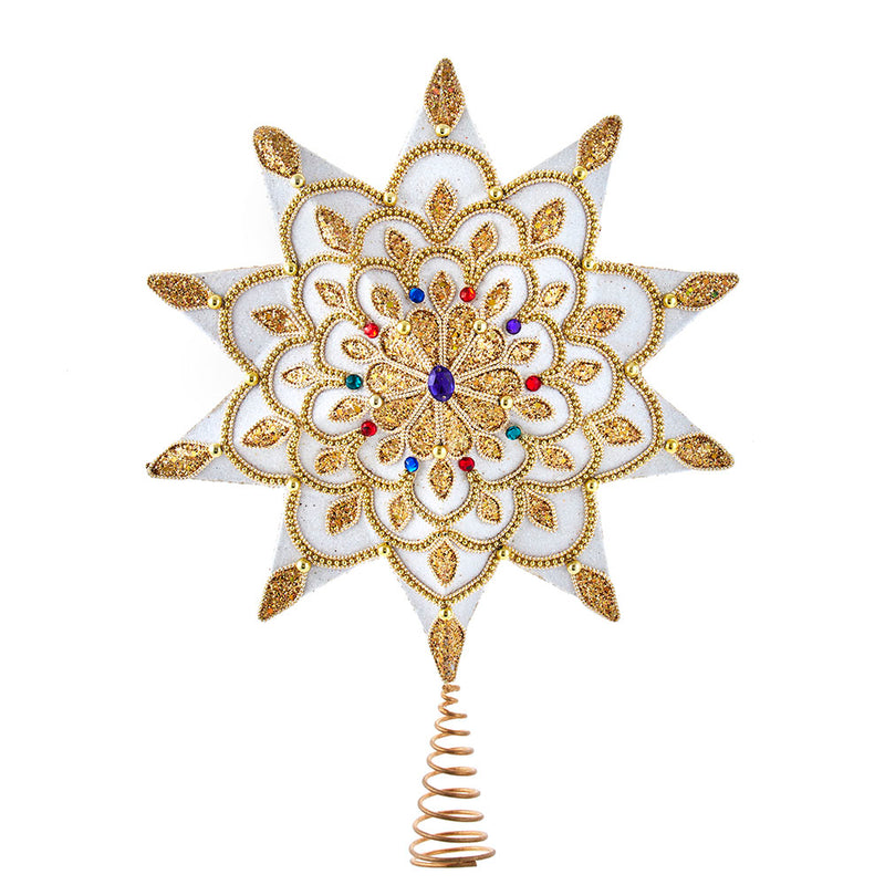 White and Gold Jeweled Star Treetop - 16 Inch - The Country Christmas Loft