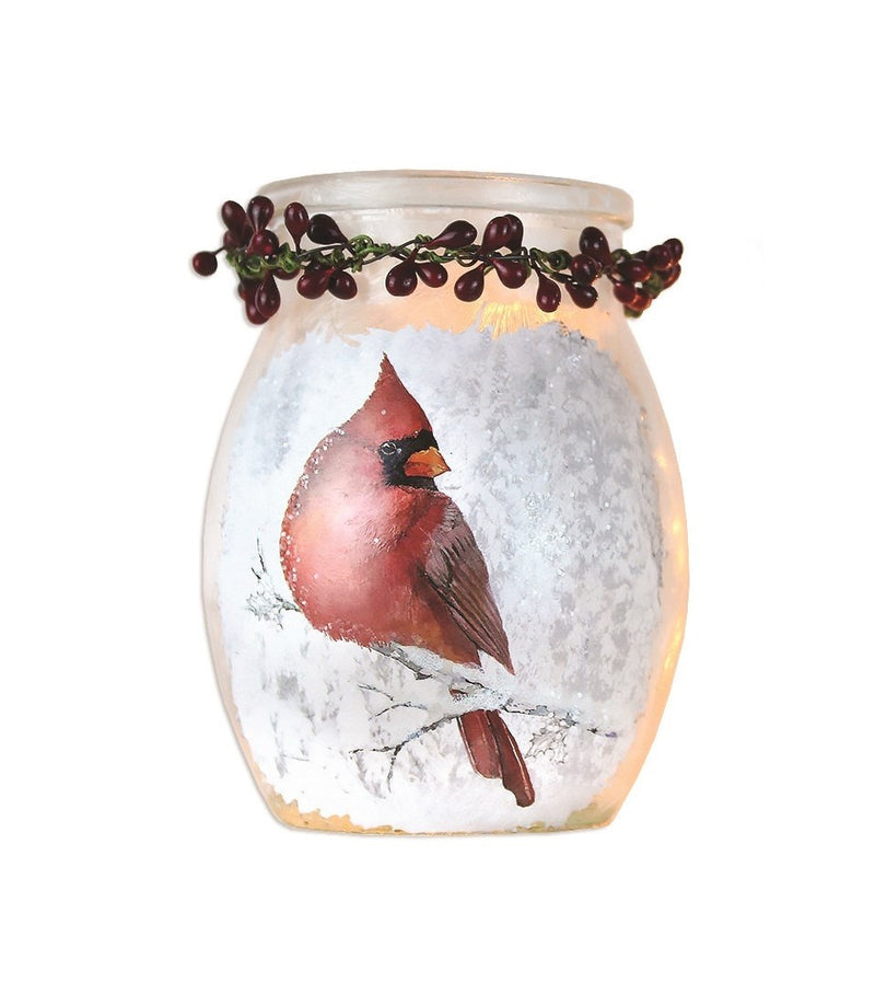 Prelit Glass Jar - Red Cardinal - 4" tall - The Country Christmas Loft