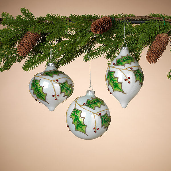 7 Inch Glass Holly Ornament - Oval - The Country Christmas Loft